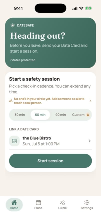 DateSafe home screen with access to a private trusted circle