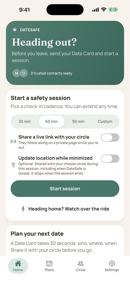 DateSafe home screen centered on private safety sessions and a trusted circle