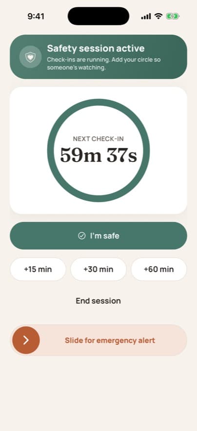 DateSafe active session screen with a visible timed check-in
