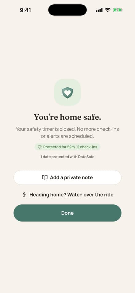 DateSafe safety controls for checking in or asking a trusted circle for help
