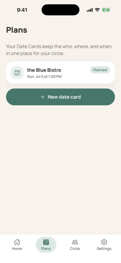 DateSafe plan screen for organizing the details of an upcoming date