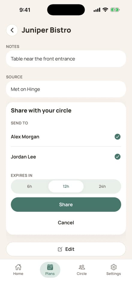 DateSafe date plan screen used to prepare details before a safety session