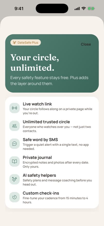 DateSafe Plus screen explaining optional convenience features around free safety tools