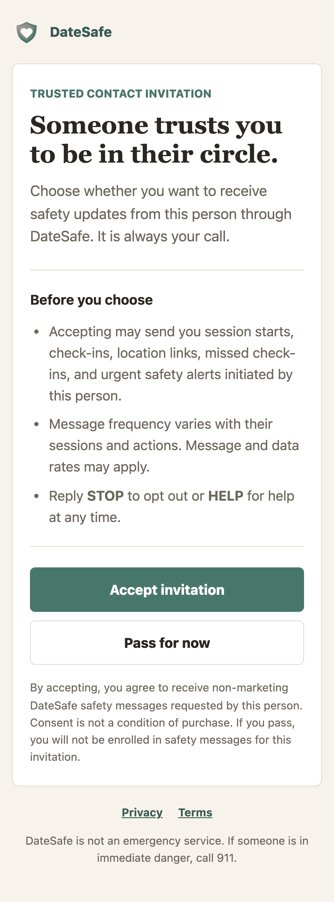 DateSafe trusted-contact invitation page with separate Accept invitation and Pass for now buttons